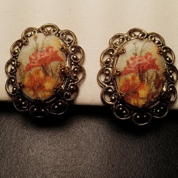 West German Transferware Floral Set Necklace Ring Earrings - Picture 6 of 6